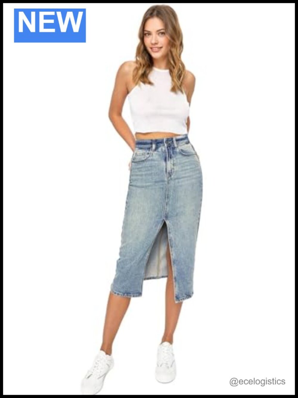 High Rise Long Denim Jean Skirt with Front Slit Stretchy Bodycon